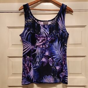 CHICO'S ADDITIONS TANK TOP SIZE 2 STRETCH TROPICAL PALM PRINT